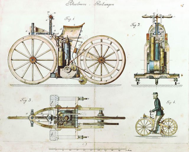 Sketches of the Daimler Reitwagen Mercedes Motorcycle