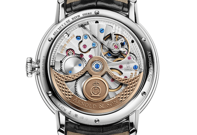 Close up of the back of Arnold and Son's white-gold DSTB