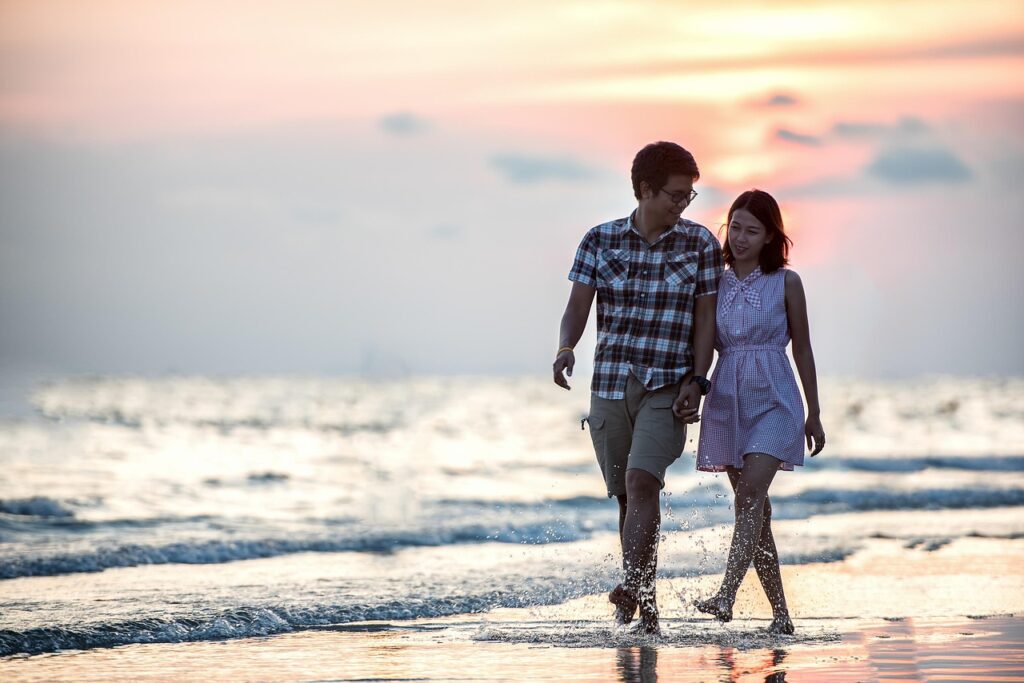 happy valentines day, couple, holding hands, beach, lovers, affection, walk, walking, nature, together, walking together, asian couple, shore, seashore, affectionate, happy couple, love, outdoor, smiling, relationship, pair, girl, sea, ocean, seaside, people, water, asia