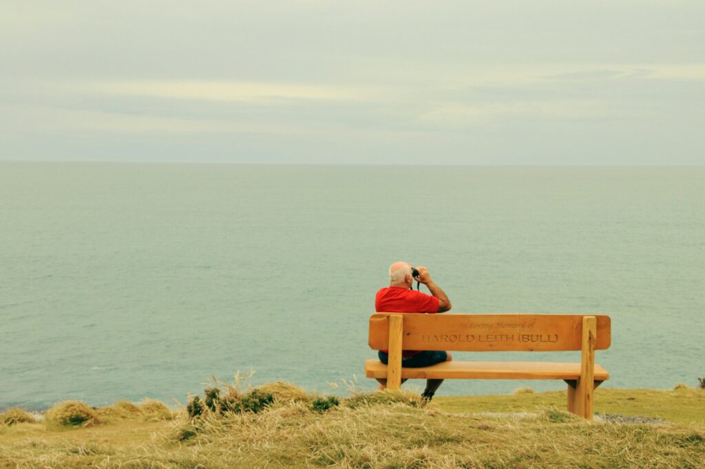 man wearing red t-shirt sitting on brown wooden bench facing on body of water