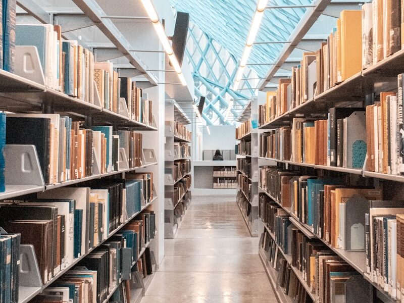 brown wooden book shelves in library