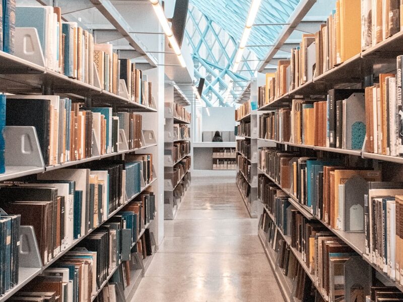 brown wooden book shelves in library