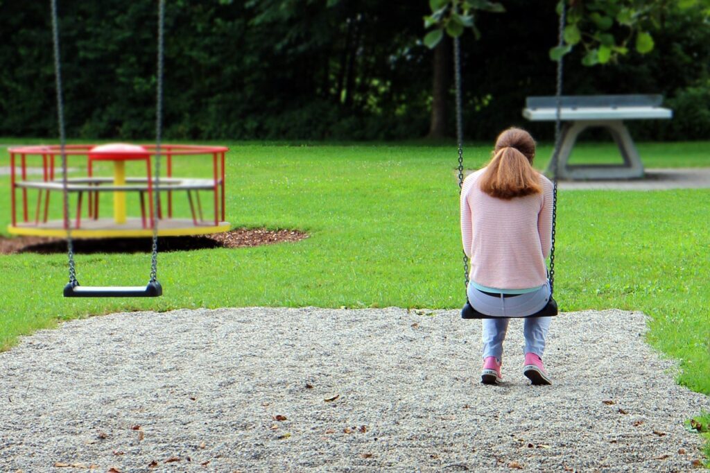 person, woman, girl, alone, individually, playground, swing, mood, sad girl, emotion, lonely, sad, dejected