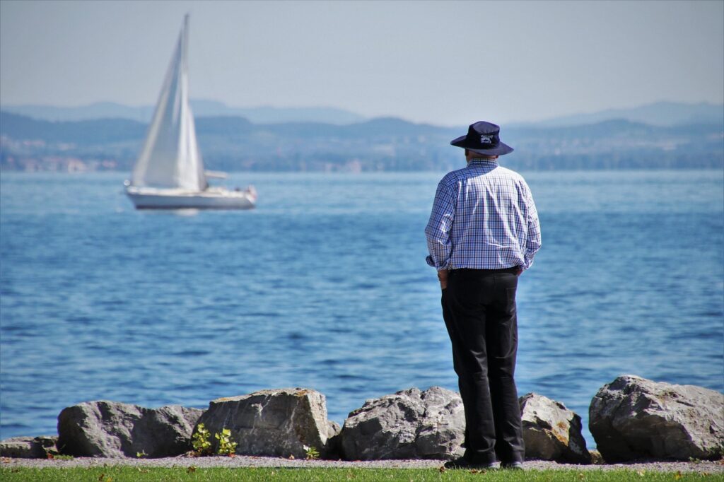 old man, harbor, nature, lake constance, lake, sailboat, elderly man, beach, bodensee, romanshorn, switzerland, outdoors, sunny