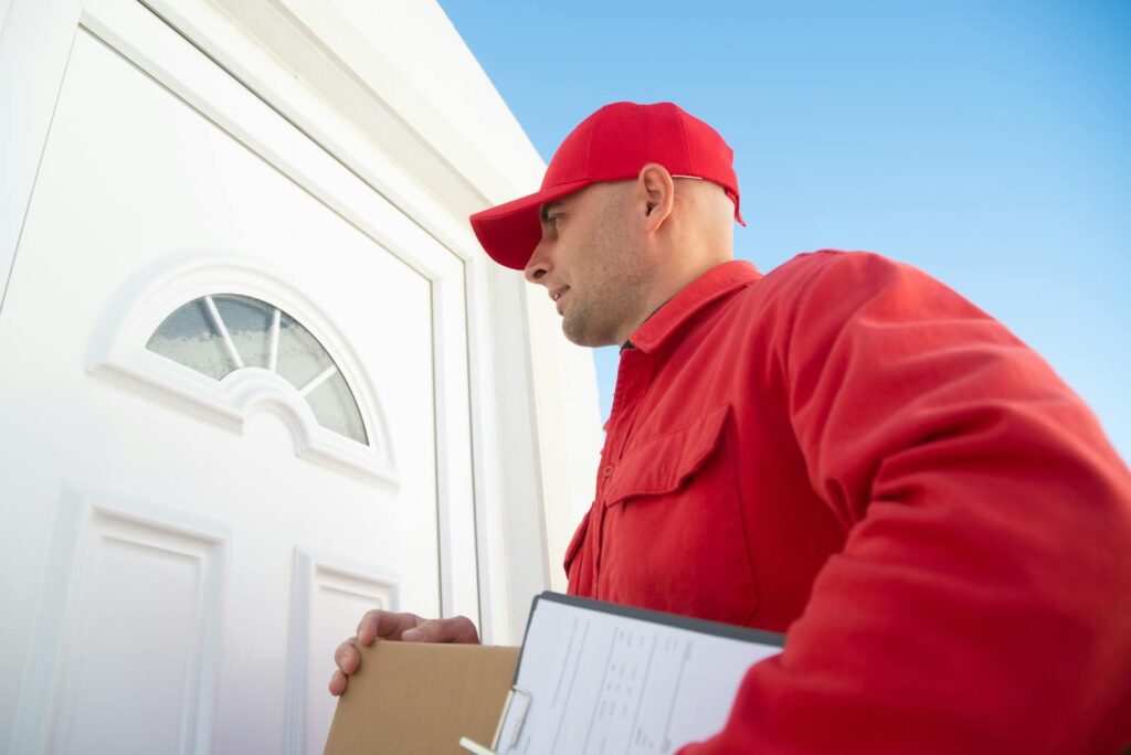 A delivery person in red uniform holding a package at a white door, ready to deliver.
