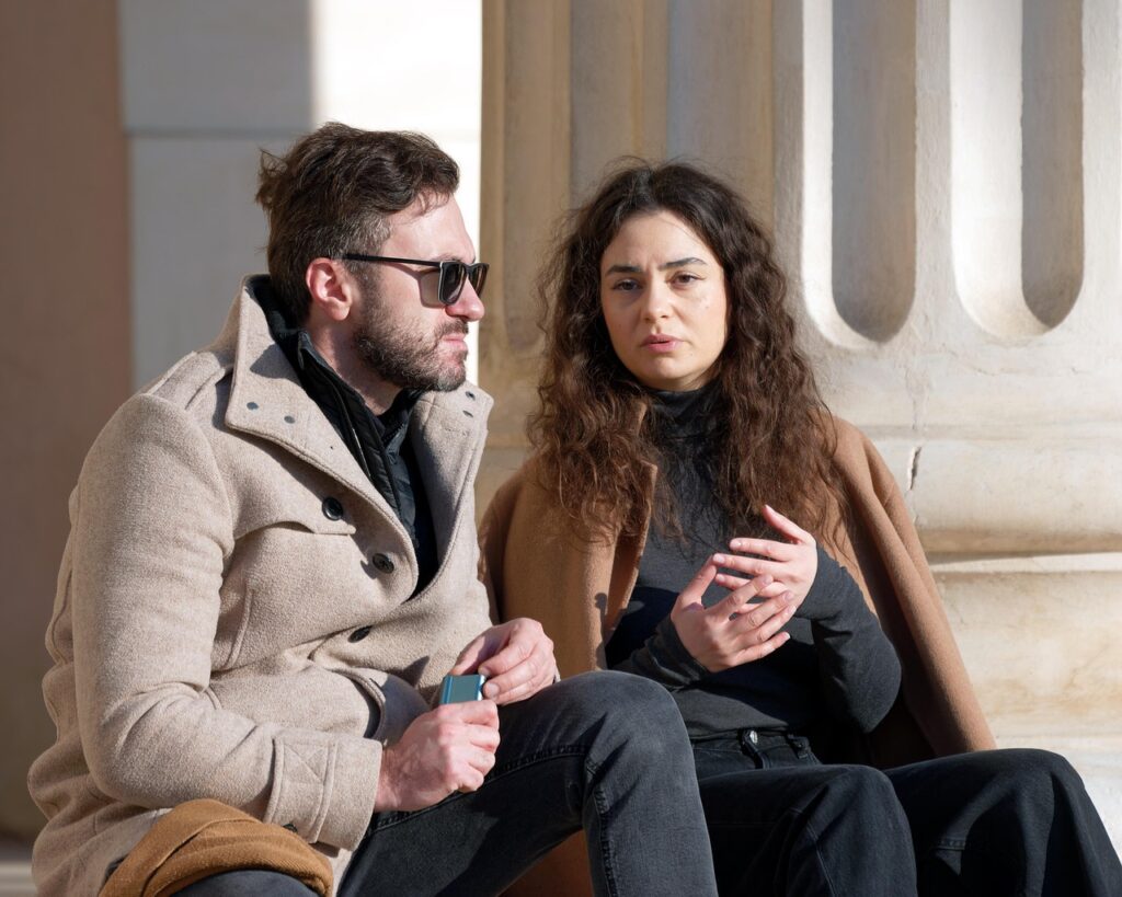 people, couple, conversation, talking, friends, young, casual, sitting, stairs, building, outdoors, relaxing, lifestyle, conversation, talking, talking, talking, talking, talking