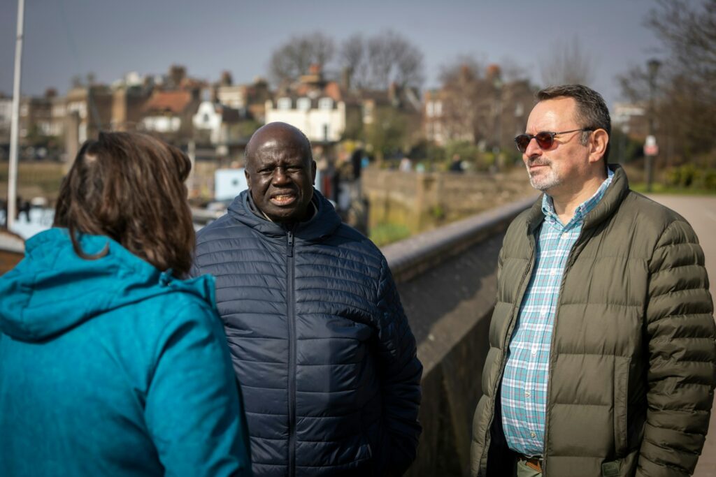 a group of people standing outside