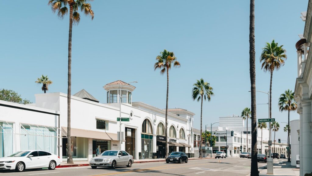 A city street with palm trees and buildings