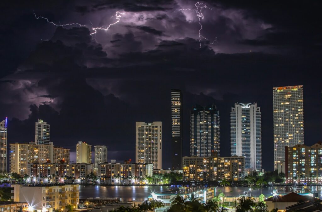 lightning striking a city