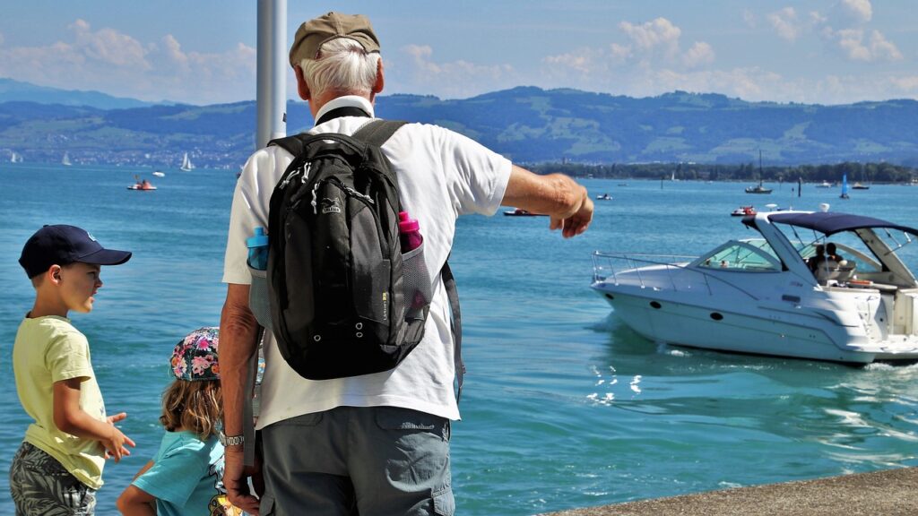 senior, grandchildren, walk