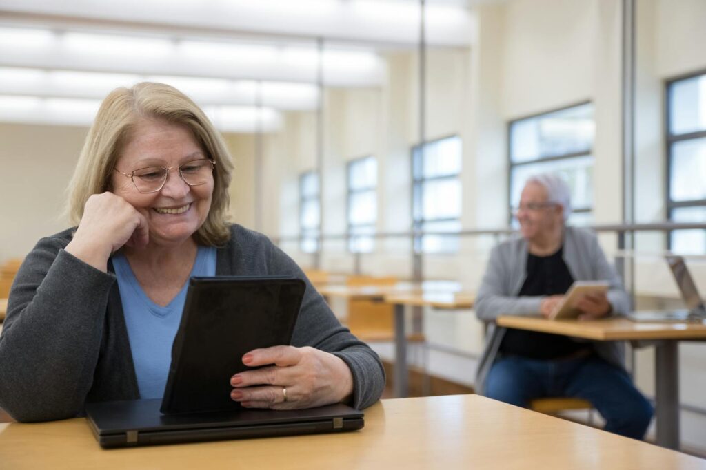 Senior adults learning to use tablets at a modern classroom in Portugal.