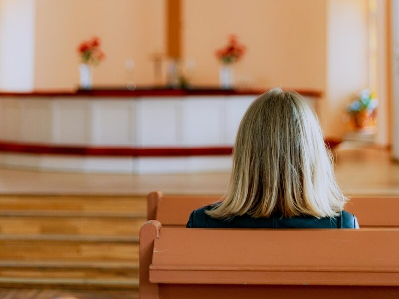 woman in blue shirt sitting on brown wooden bench