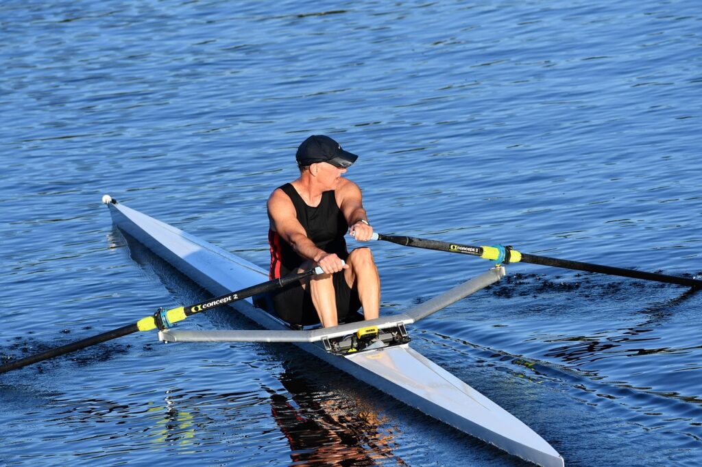rowing, single, older, retired, sculling, seniors, blue water, water, man, nature, competition