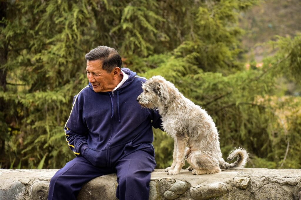 older, dog, old man with his dog, pet with its master, older, animal, older, older, older, pet, older